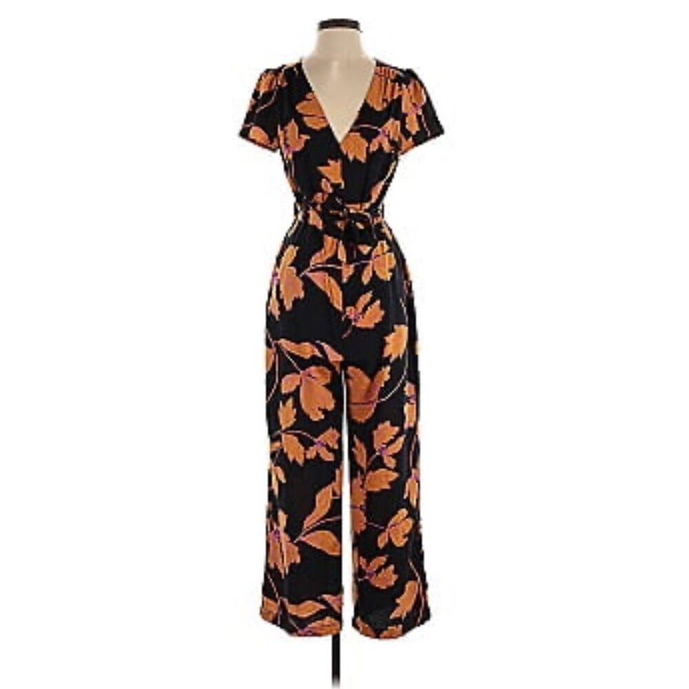 ModCloth Women's V-Neck Floral Wide Leg Jumpsuit Black Orange Pink Size Small